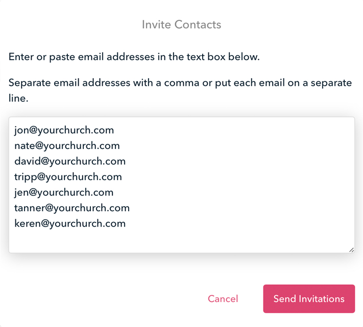 Screenshot of inviting church members to Dwell