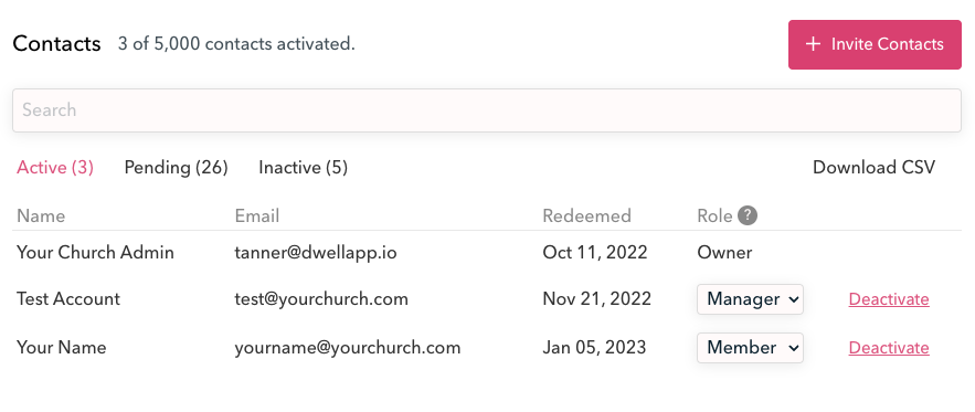Screenshot of managing contacts in Dwell as a church admin