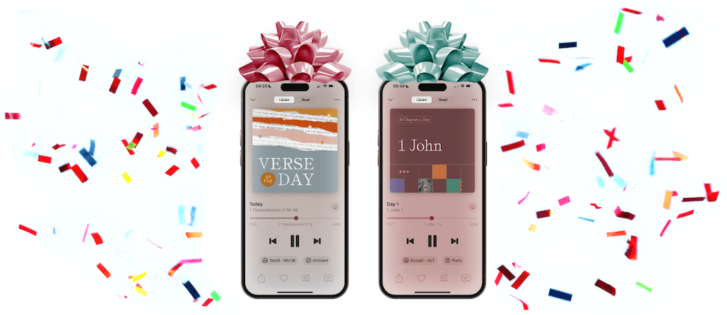 Phones with decorative bows featuring Dwell content surrounded by confetti