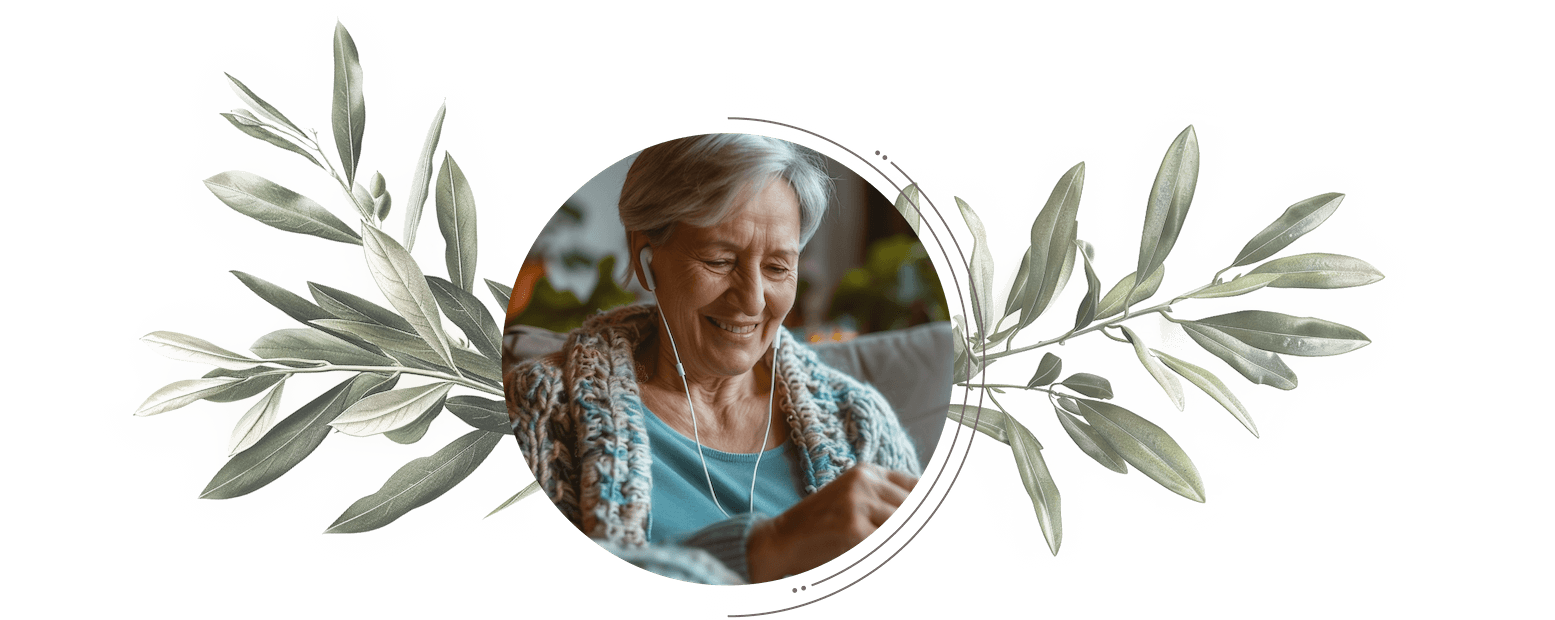 Grandmother listening on earbuds