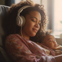 Woman with headphones next to her child