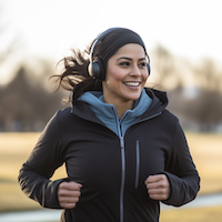 Woman with earbuds on while jogging
