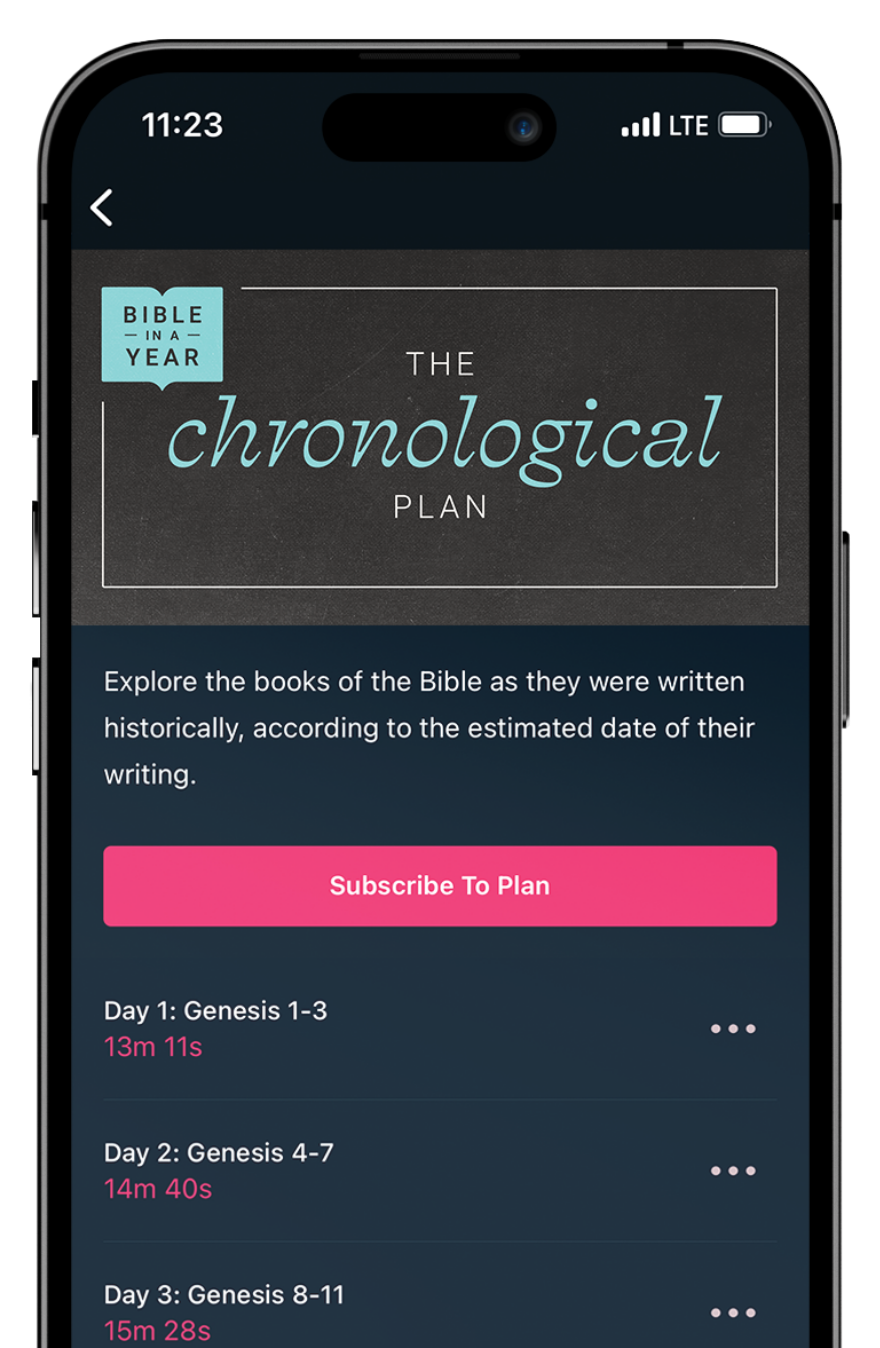 A phone with the Dwell app opened to a bible in a year plan
